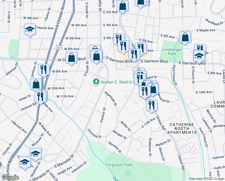map of restaurants, bars, coffee shops, grocery stores, and more near 62 Fox Street in Gastonia