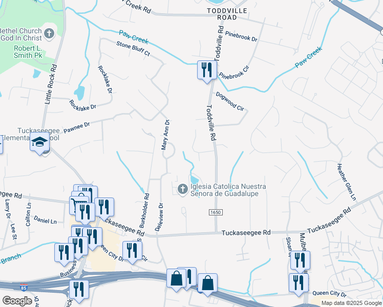 map of restaurants, bars, coffee shops, grocery stores, and more near 6205 Summerour Place in Charlotte