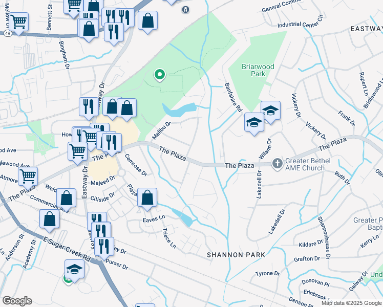 map of restaurants, bars, coffee shops, grocery stores, and more near 5015 Highlake Drive in Charlotte