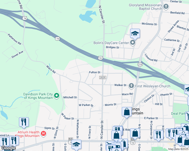 map of restaurants, bars, coffee shops, grocery stores, and more near 609 Temple Street in Kings Mountain