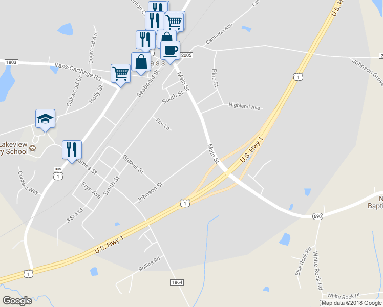 map of restaurants, bars, coffee shops, grocery stores, and more near 108 Johnson Street in Vass