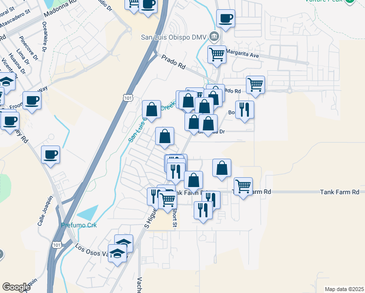 map of restaurants, bars, coffee shops, grocery stores, and more near 3740 South Higuera Street in San Luis Obispo