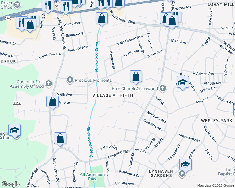 map of restaurants, bars, coffee shops, grocery stores, and more near 1551 Peabody Court in Gastonia