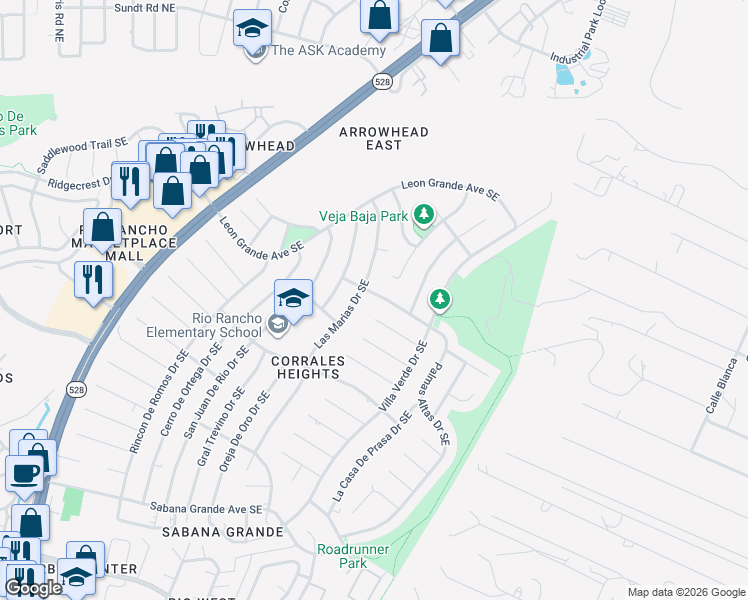 map of restaurants, bars, coffee shops, grocery stores, and more near 4702 Palmas Altas Drive Southeast in Rio Rancho