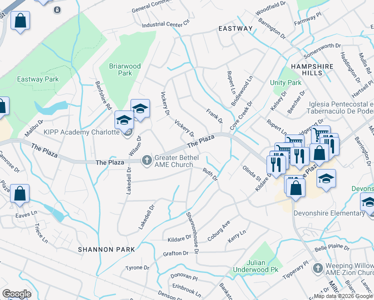 map of restaurants, bars, coffee shops, grocery stores, and more near 5400 The Plaza in Charlotte