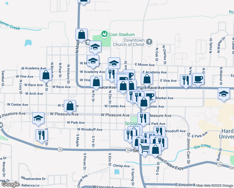 map of restaurants, bars, coffee shops, grocery stores, and more near W Arch Ave & N Gum St in Searcy