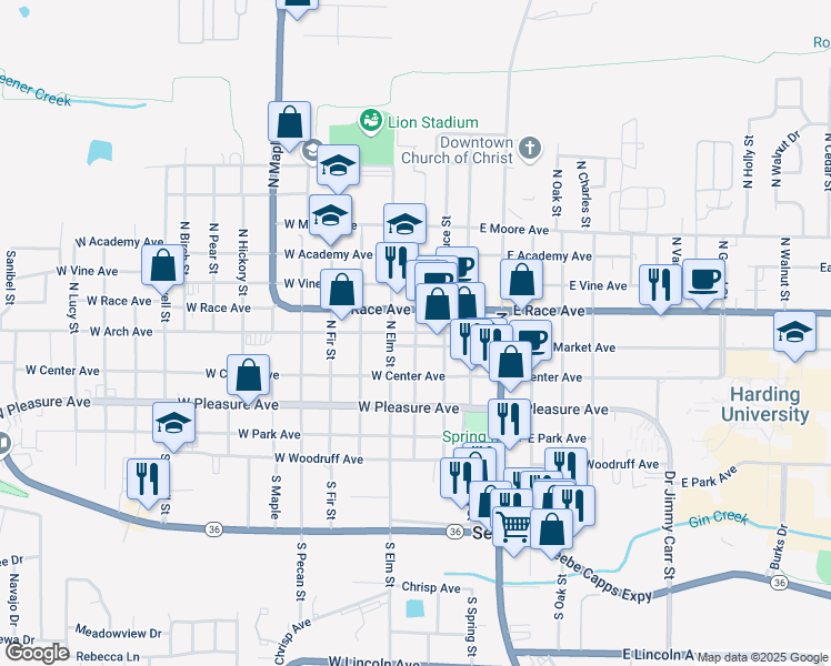 map of restaurants, bars, coffee shops, grocery stores, and more near W Arch Ave & N Gum St in Searcy