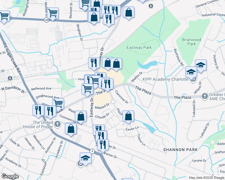map of restaurants, bars, coffee shops, grocery stores, and more near 508 Camrose Drive in Charlotte