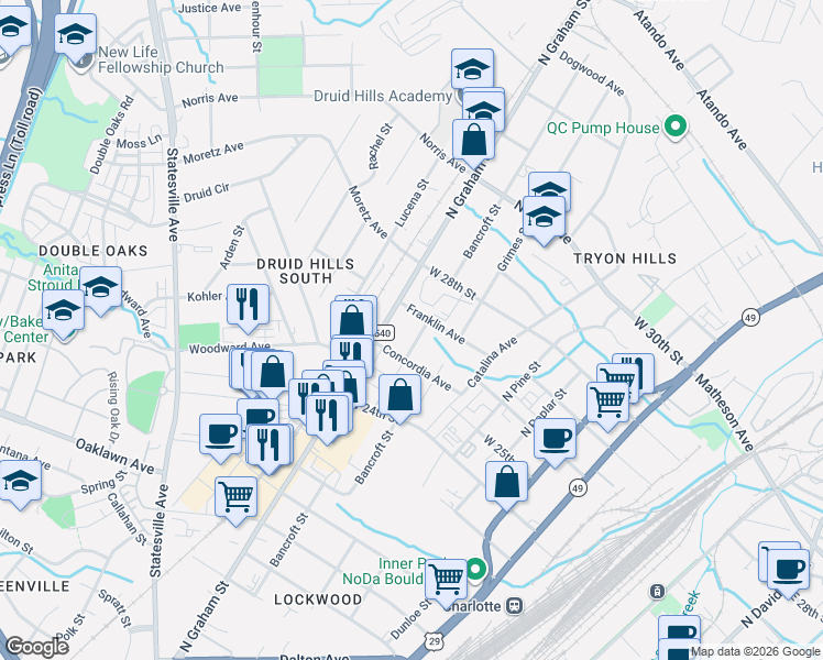 map of restaurants, bars, coffee shops, grocery stores, and more near in Charlotte