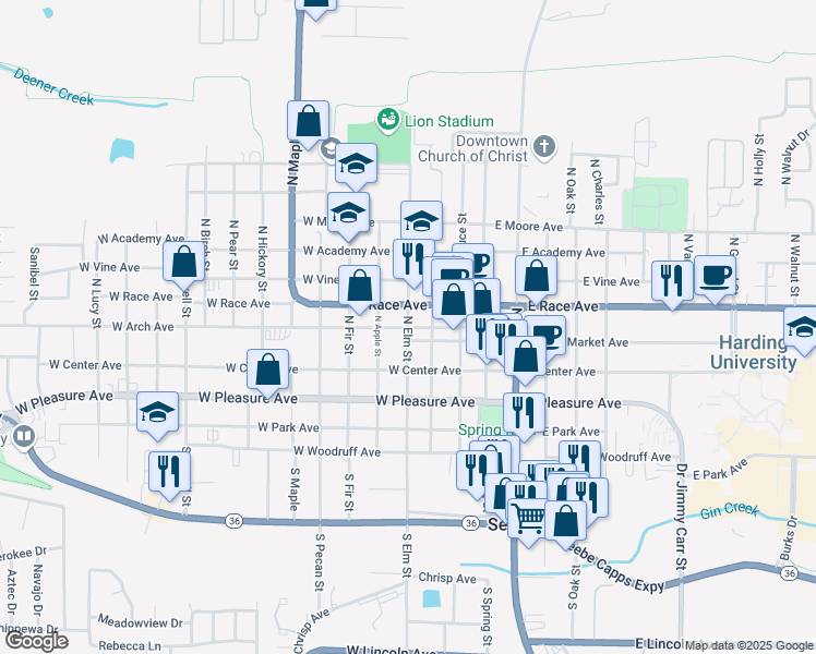map of restaurants, bars, coffee shops, grocery stores, and more near 410 West Arch Avenue in Searcy