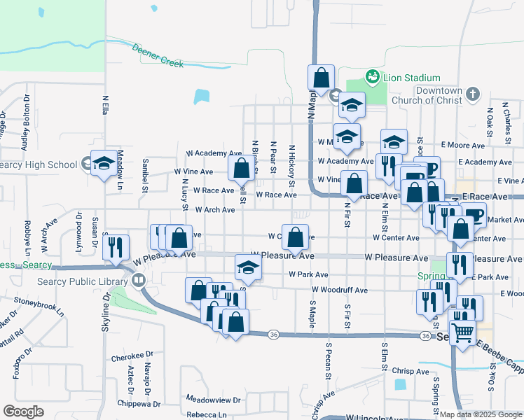 map of restaurants, bars, coffee shops, grocery stores, and more near 1007 West Arch Avenue in Searcy