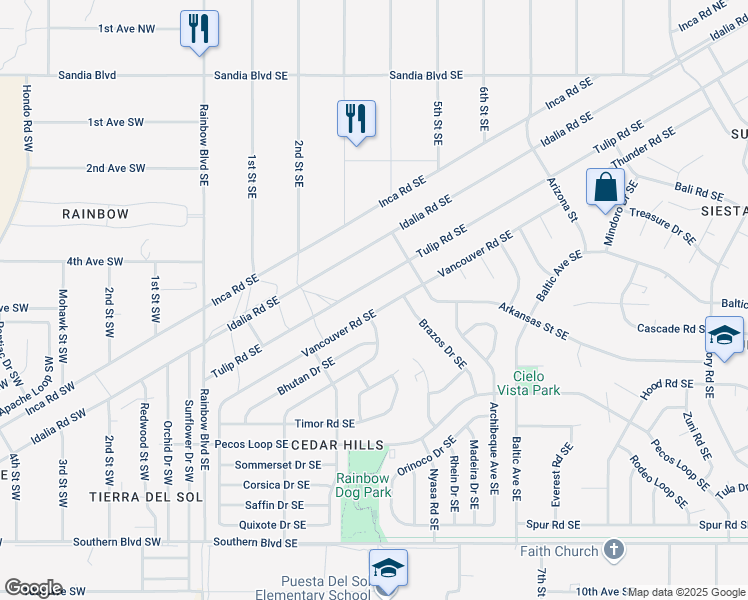 map of restaurants, bars, coffee shops, grocery stores, and more near 521 Vancouver Road Southeast in Rio Rancho