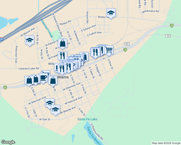 map of restaurants, bars, coffee shops, grocery stores, and more near in Williams