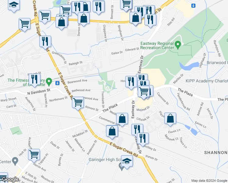 map of restaurants, bars, coffee shops, grocery stores, and more near 4235 Dinglewood Avenue in Charlotte