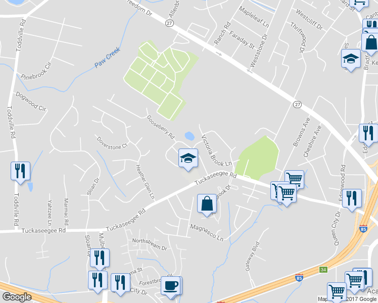 map of restaurants, bars, coffee shops, grocery stores, and more near 2713 Blackberry Ridge Lane in Charlotte