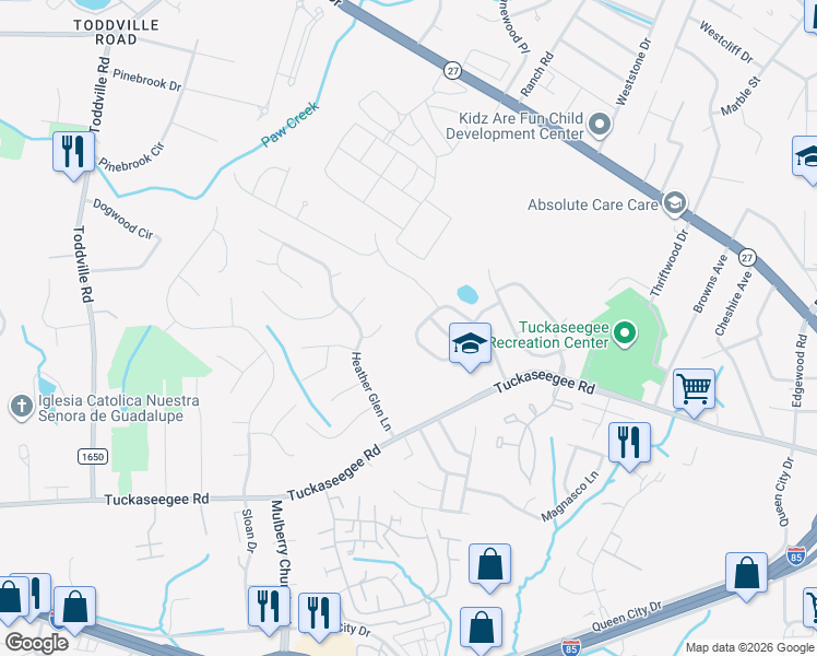 map of restaurants, bars, coffee shops, grocery stores, and more near 2601 Mulberry Pond Drive in Charlotte