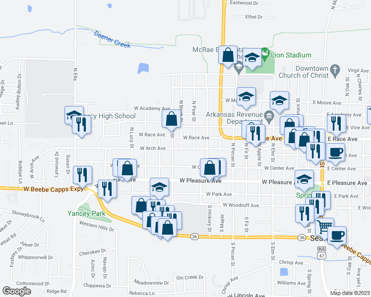 map of restaurants, bars, coffee shops, grocery stores, and more near 1006 West Arch Avenue in Searcy