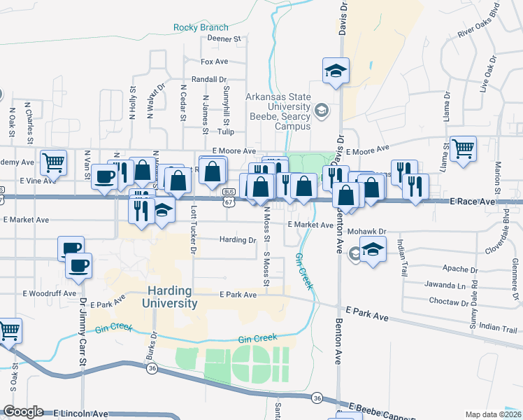 map of restaurants, bars, coffee shops, grocery stores, and more near 1549 East Race Avenue in Searcy