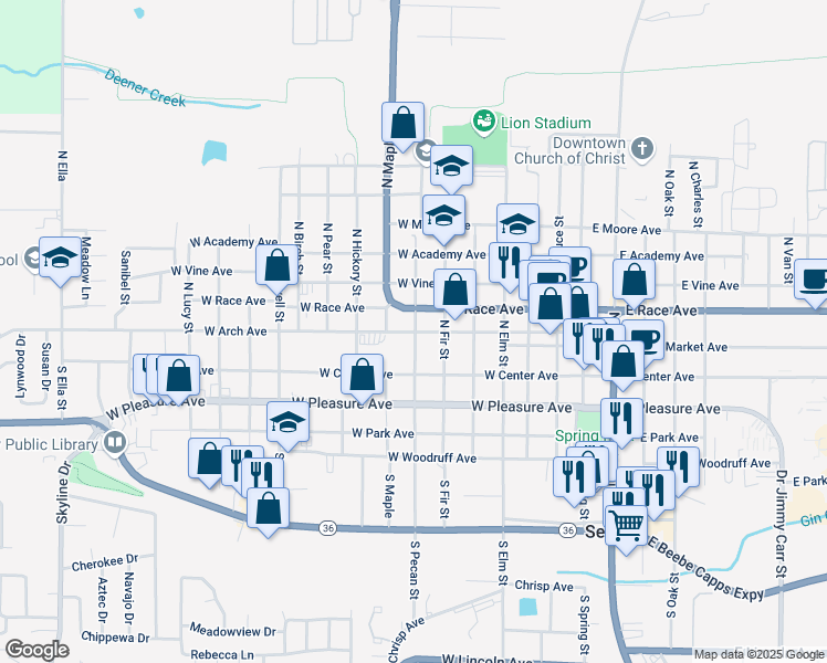 map of restaurants, bars, coffee shops, grocery stores, and more near 702 West Arch Avenue in Searcy