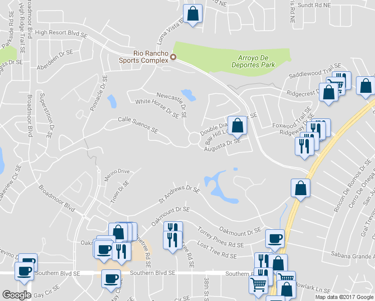 map of restaurants, bars, coffee shops, grocery stores, and more near 3592 Calle Suenos Southeast in Rio Rancho