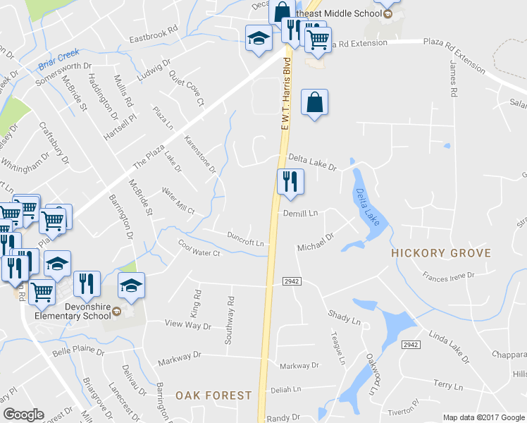 map of restaurants, bars, coffee shops, grocery stores, and more near 4802 East W.T. Harris Boulevard in Charlotte