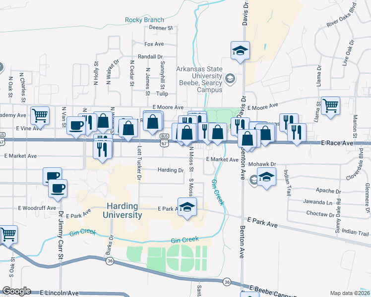 map of restaurants, bars, coffee shops, grocery stores, and more near 1549 East Race Avenue in Searcy
