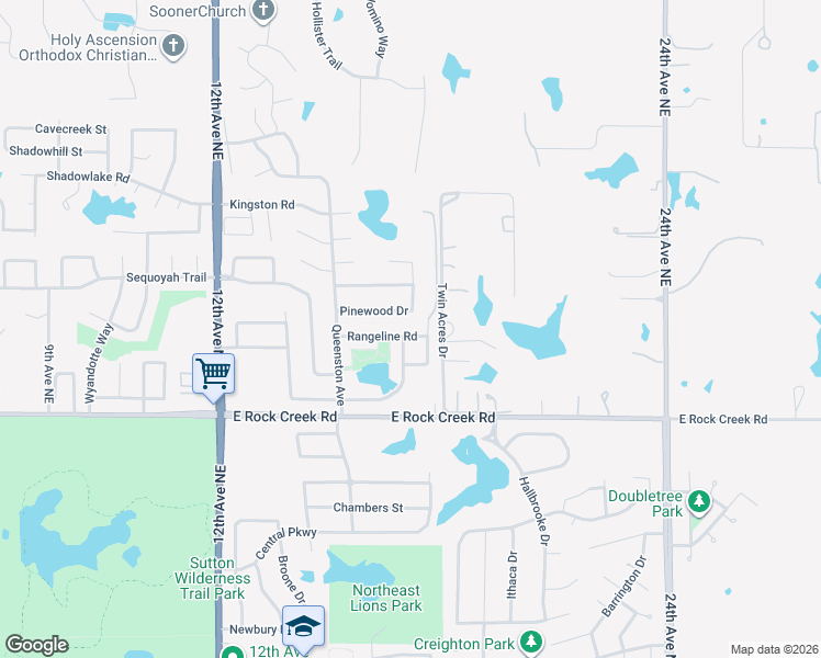 map of restaurants, bars, coffee shops, grocery stores, and more near 1621 Rangeline Dr in Norman