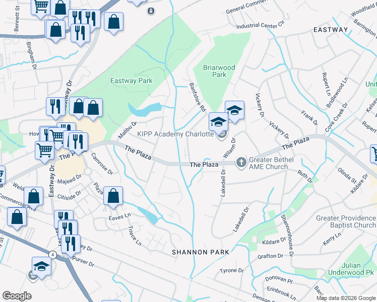 map of restaurants, bars, coffee shops, grocery stores, and more near 1125 Glenfiddich Drive in Charlotte