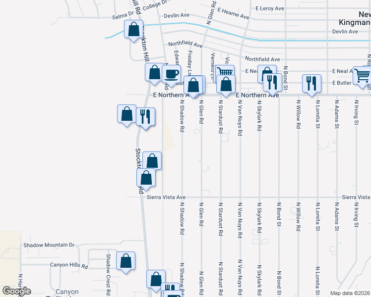 map of restaurants, bars, coffee shops, grocery stores, and more near 4370 North Shadow Road in Kingman