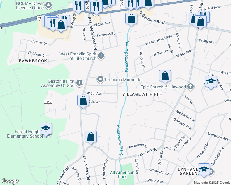 map of restaurants, bars, coffee shops, grocery stores, and more near 2102 West 6th Avenue in Gastonia