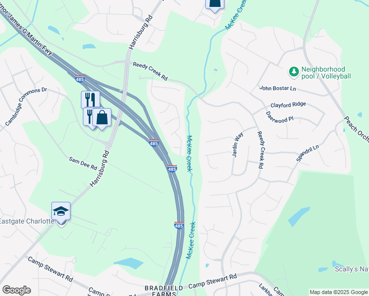 map of restaurants, bars, coffee shops, grocery stores, and more near 7500 Baylor Way Court in Charlotte