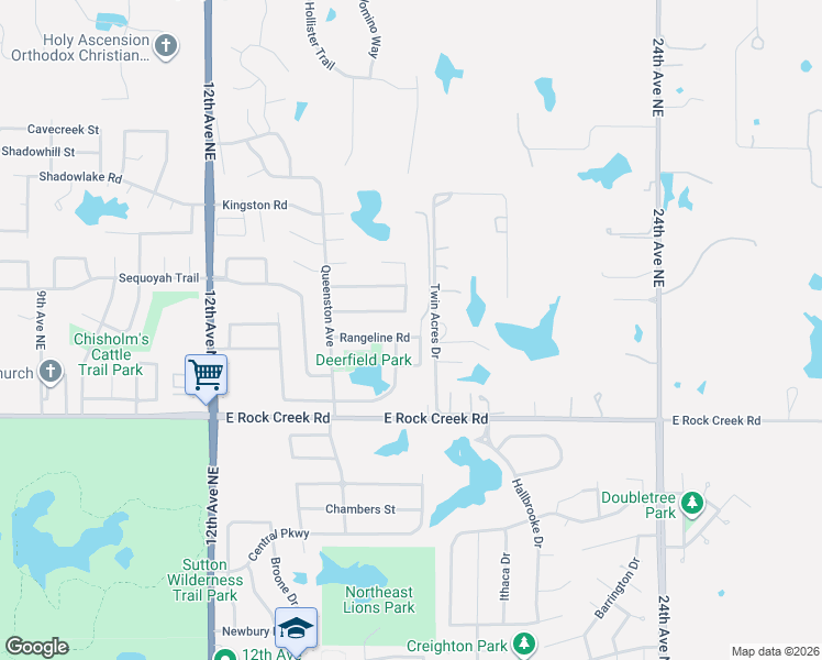 map of restaurants, bars, coffee shops, grocery stores, and more near 1621 Rangeline Road in Norman