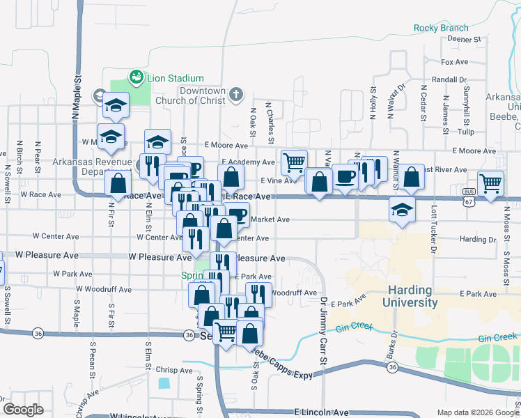 map of restaurants, bars, coffee shops, grocery stores, and more near 206 North Oak Street in Searcy