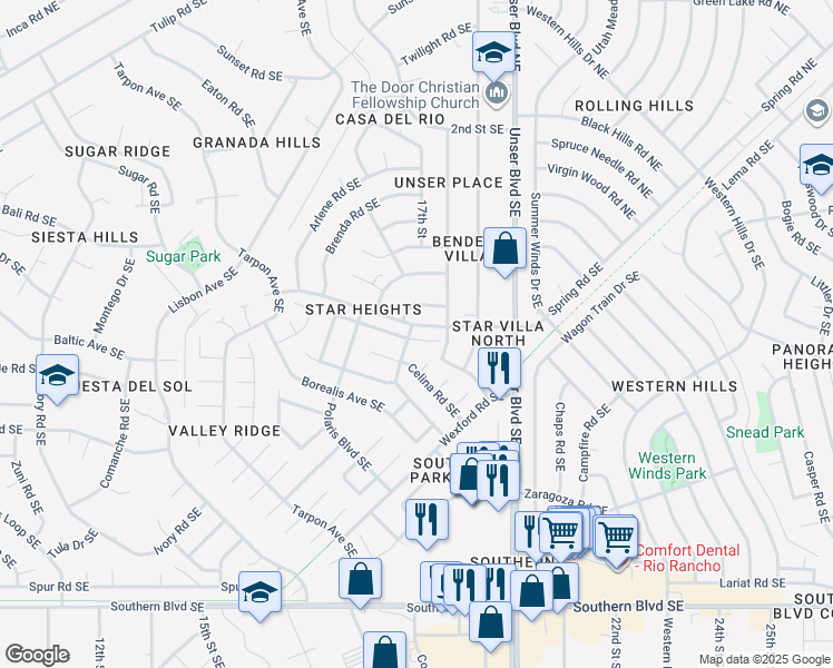 map of restaurants, bars, coffee shops, grocery stores, and more near 1785 Alpha Court Southeast in Rio Rancho