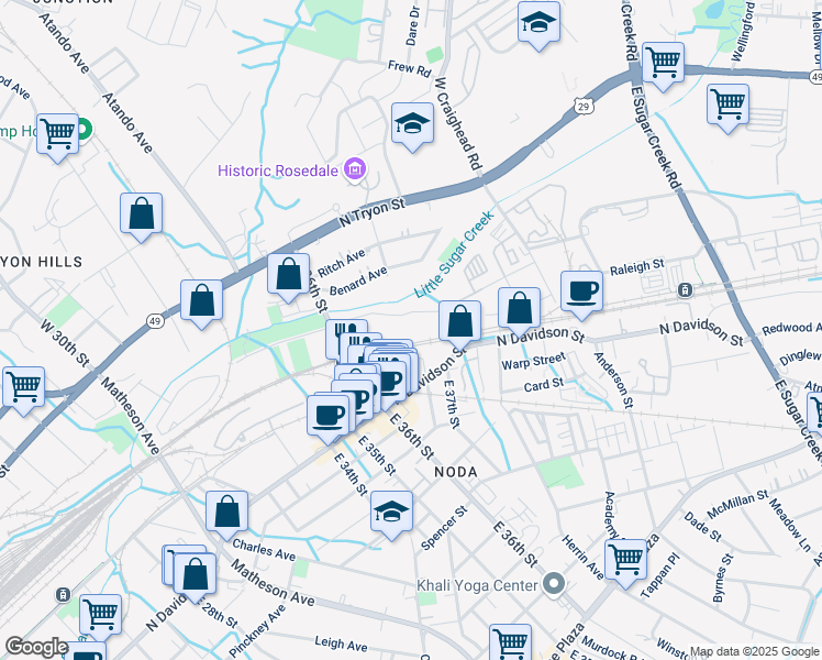 map of restaurants, bars, coffee shops, grocery stores, and more near 321 East 36th Street in Charlotte