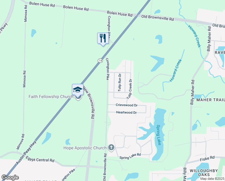 map of restaurants, bars, coffee shops, grocery stores, and more near 5634 Mandy Smith Lane in Memphis
