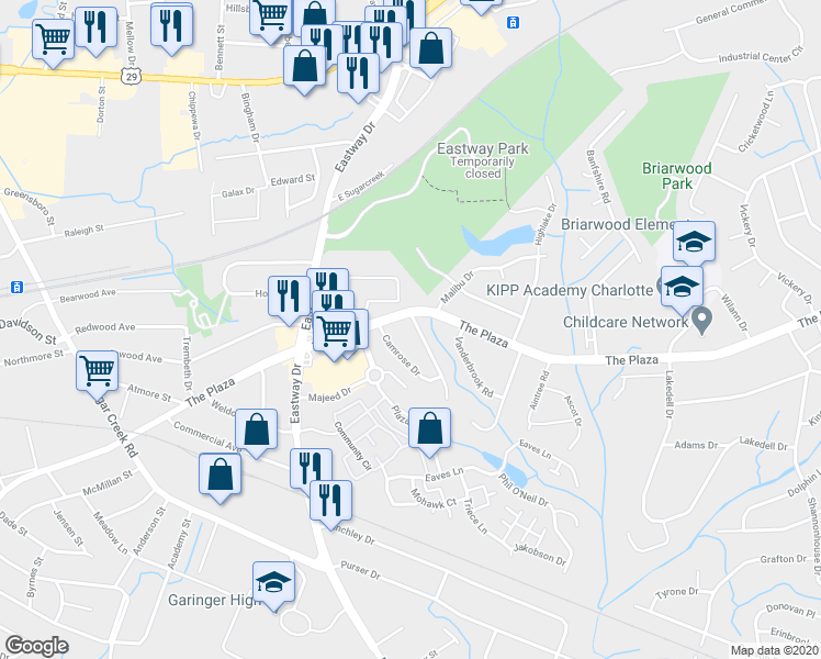 map of restaurants, bars, coffee shops, grocery stores, and more near 512 Blendwood Dr in Charlotte