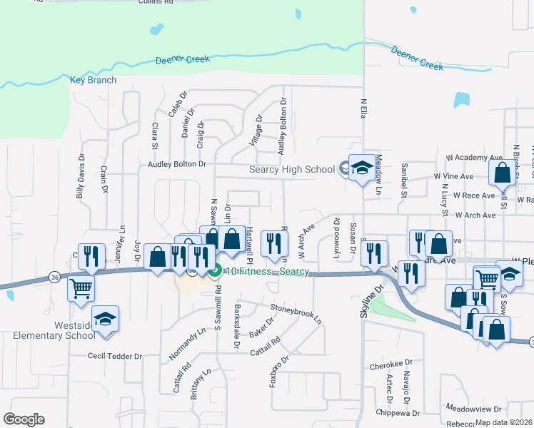 map of restaurants, bars, coffee shops, grocery stores, and more near 24 Hartwell Place in Searcy