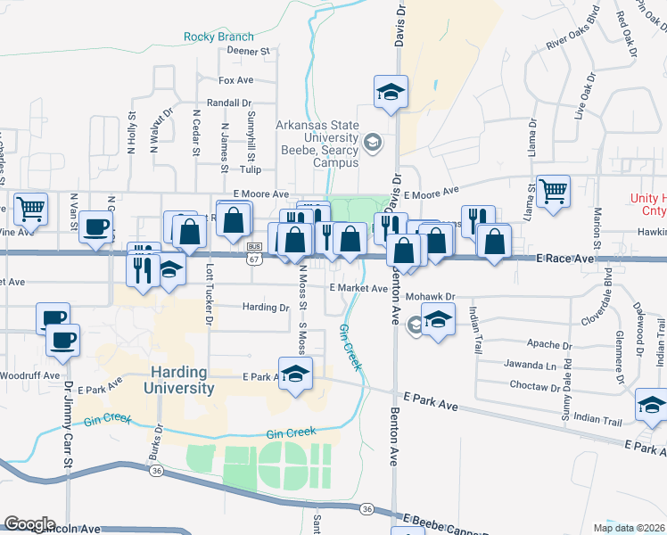 map of restaurants, bars, coffee shops, grocery stores, and more near 1707 East Race Avenue in Searcy