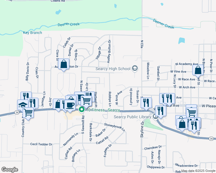 map of restaurants, bars, coffee shops, grocery stores, and more near 26 Robbye Lane in Searcy