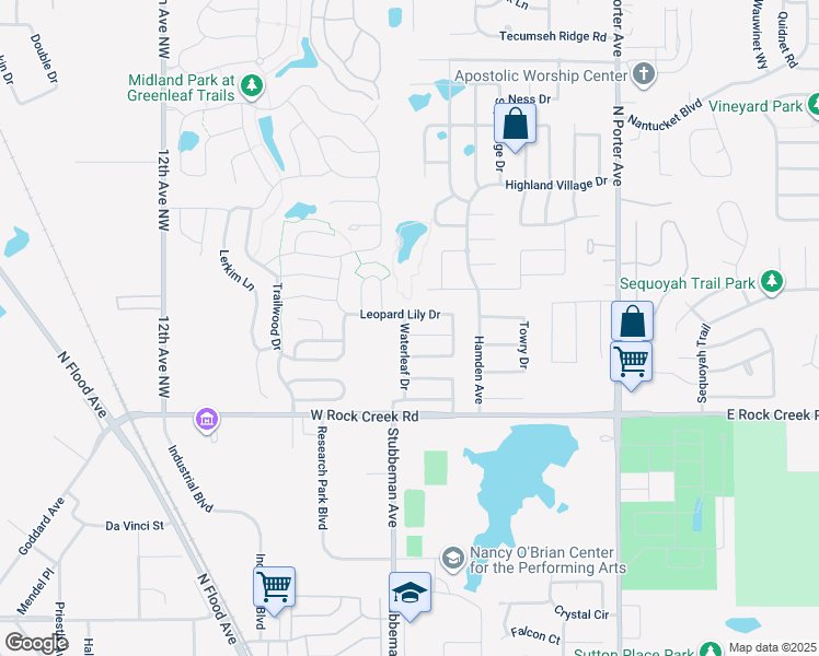 map of restaurants, bars, coffee shops, grocery stores, and more near 517 Calla Lily Lane in Norman