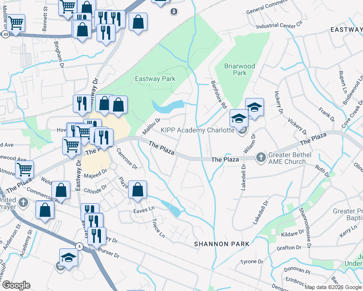 map of restaurants, bars, coffee shops, grocery stores, and more near 5015 Highlake Drive in Charlotte