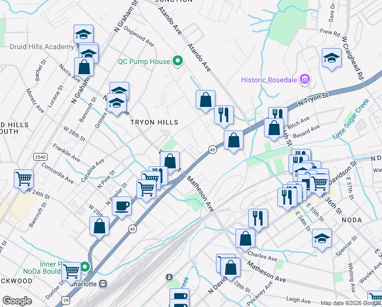 map of restaurants, bars, coffee shops, grocery stores, and more near 115 West 31st Street in Charlotte