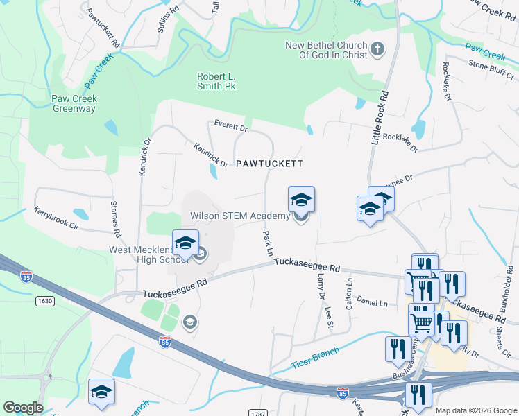 map of restaurants, bars, coffee shops, grocery stores, and more near 7100 Park Lane West in Charlotte