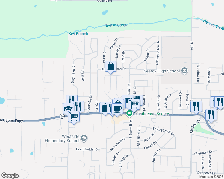 map of restaurants, bars, coffee shops, grocery stores, and more near 10 Summit Drive in Searcy