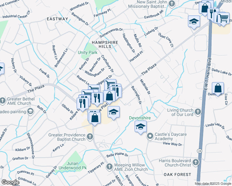 map of restaurants, bars, coffee shops, grocery stores, and more near 6051 Fairmarket Place in Charlotte