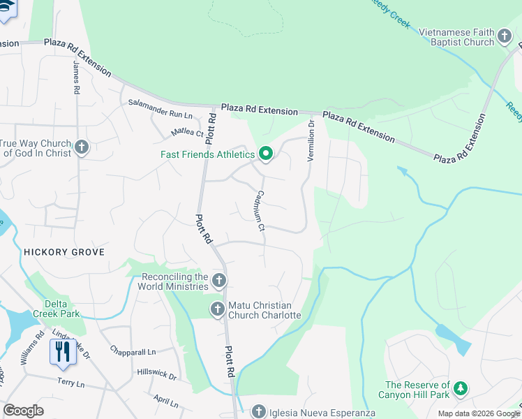 map of restaurants, bars, coffee shops, grocery stores, and more near 8108 Cadmium Court in Charlotte