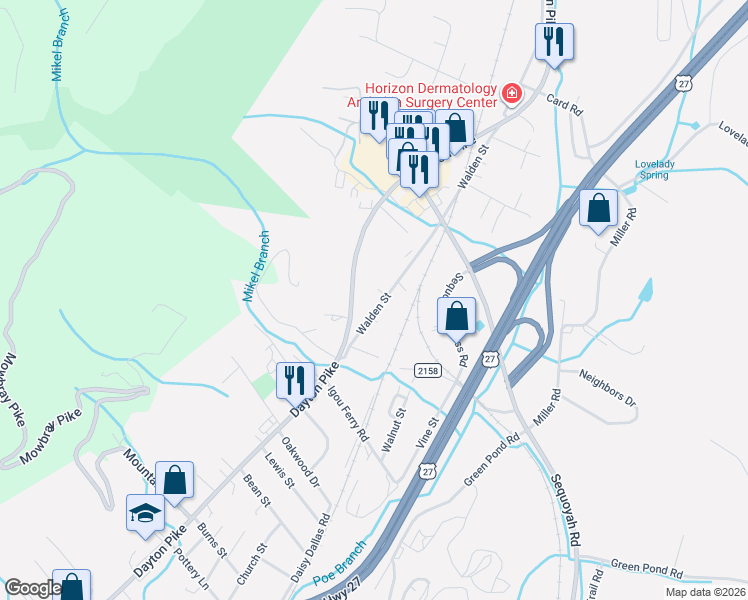 map of restaurants, bars, coffee shops, grocery stores, and more near 9926 Walden Street in Soddy-Daisy
