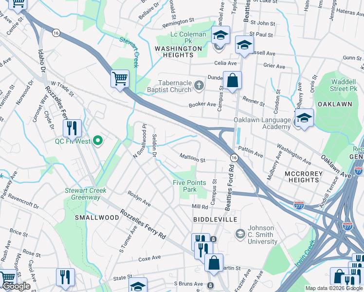 map of restaurants, bars, coffee shops, grocery stores, and more near 2415 Crestview Drive in Charlotte