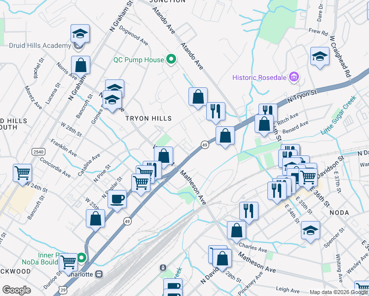 map of restaurants, bars, coffee shops, grocery stores, and more near 115 West 31st Street in Charlotte